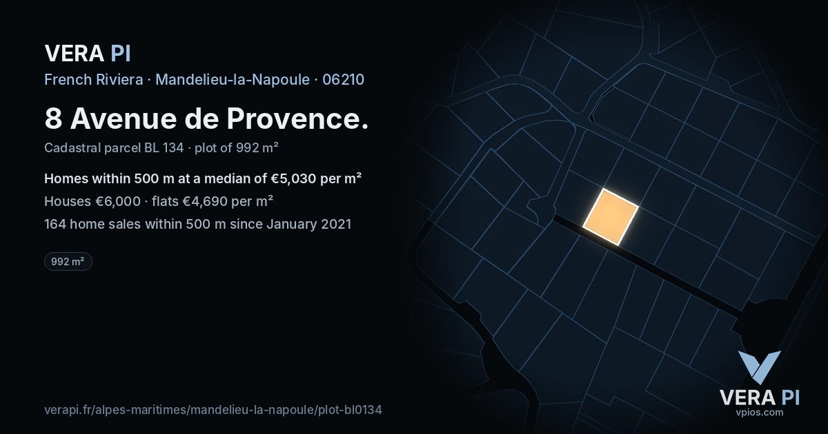 8 Avenue de Provence, Mandelieu-la-Napoule at night – the plot lit, the parcels around coloured by the prices near them