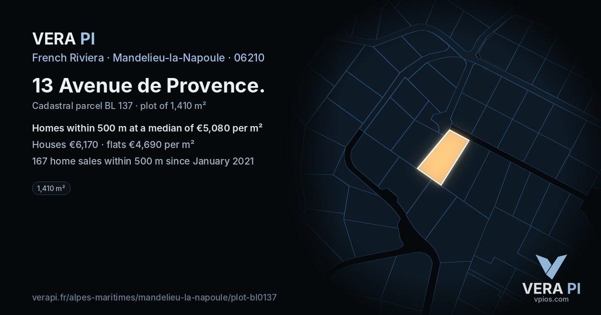 13 Avenue de Provence, Mandelieu-la-Napoule at night – the plot lit, the parcels around coloured by the prices near them