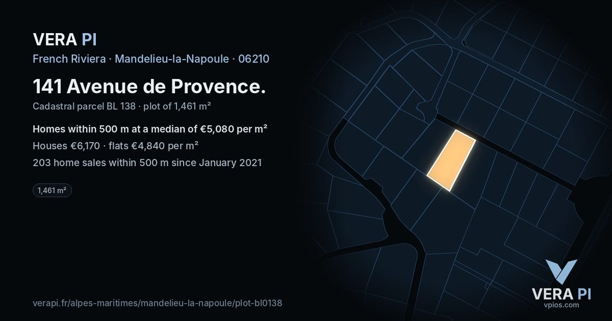141 Avenue de Provence, Mandelieu-la-Napoule at night – the plot lit, the parcels around coloured by the prices near them