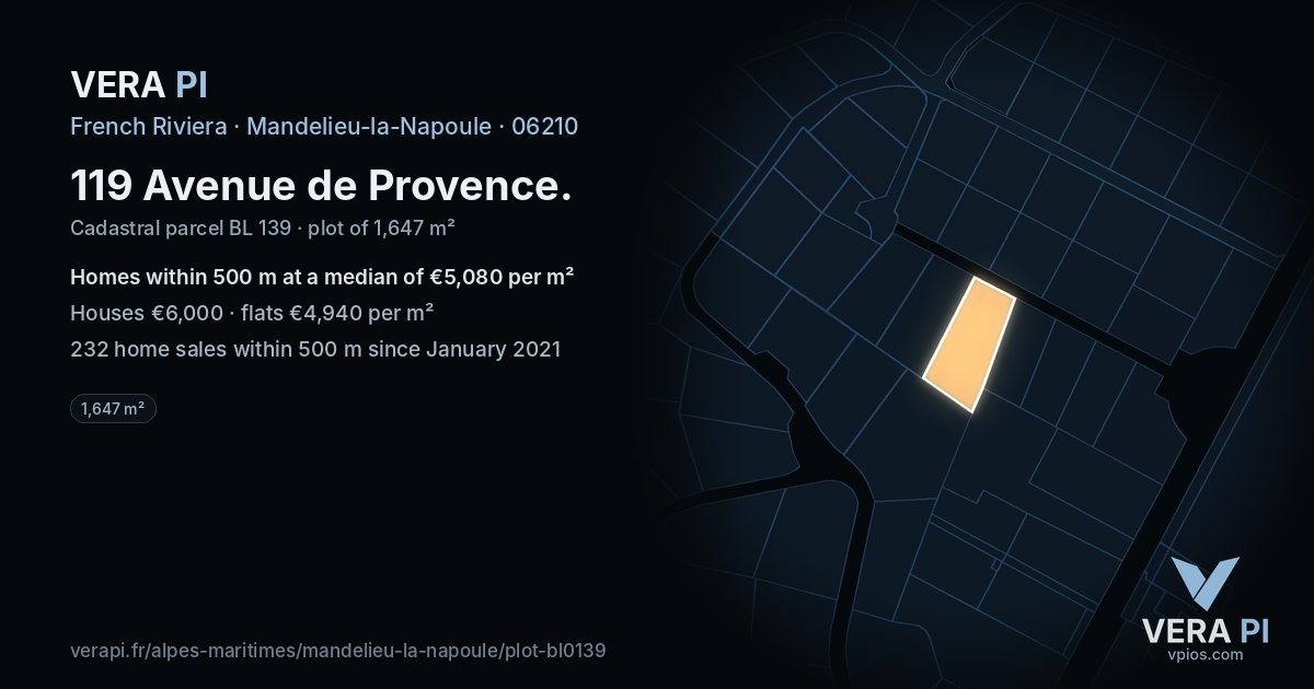 119 Avenue de Provence, Mandelieu-la-Napoule at night – the plot lit, the parcels around coloured by the prices near them