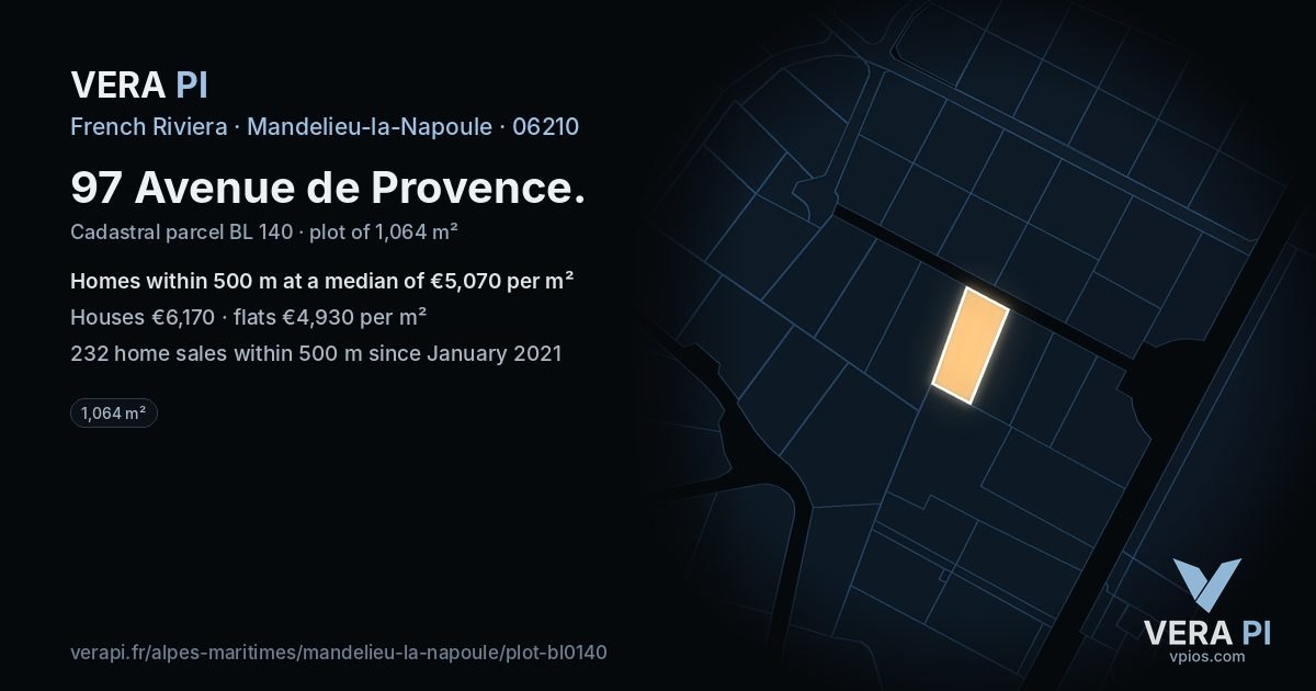 97 Avenue de Provence, Mandelieu-la-Napoule at night – the plot lit, the parcels around coloured by the prices near them