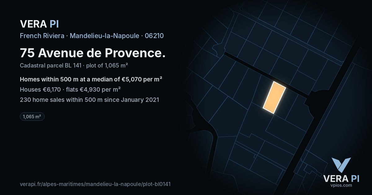 75 Avenue de Provence, Mandelieu-la-Napoule at night – the plot lit, the parcels around coloured by the prices near them