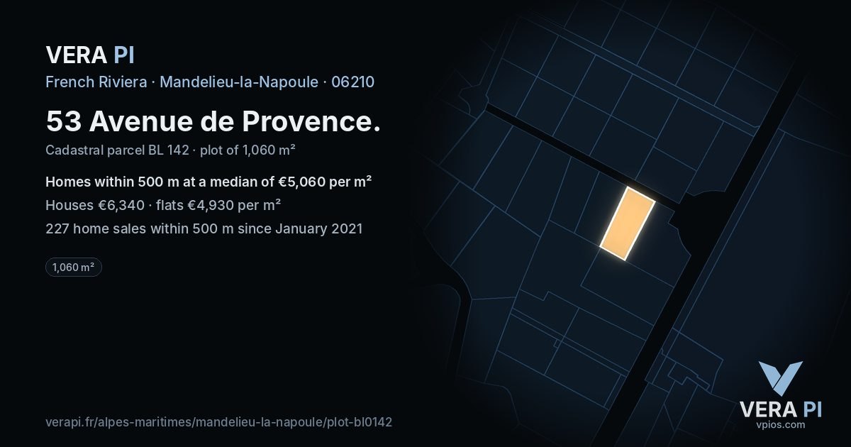 53 Avenue de Provence, Mandelieu-la-Napoule at night – the plot lit, the parcels around coloured by the prices near them