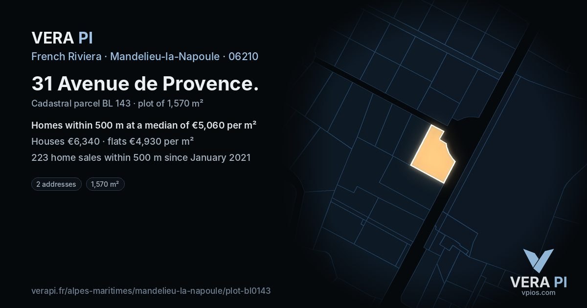 31 Avenue de Provence, Mandelieu-la-Napoule at night – the plot lit, the parcels around coloured by the prices near them