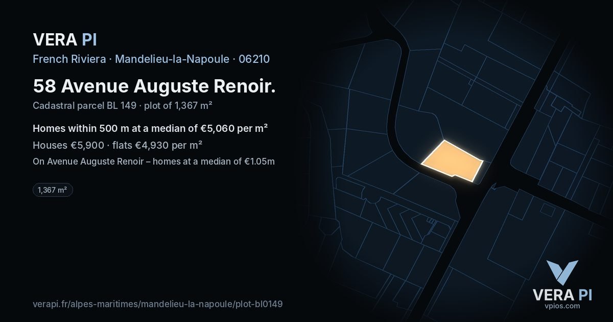 58 Avenue Auguste Renoir, Mandelieu-la-Napoule at night – the plot lit, the parcels around coloured by the prices near them