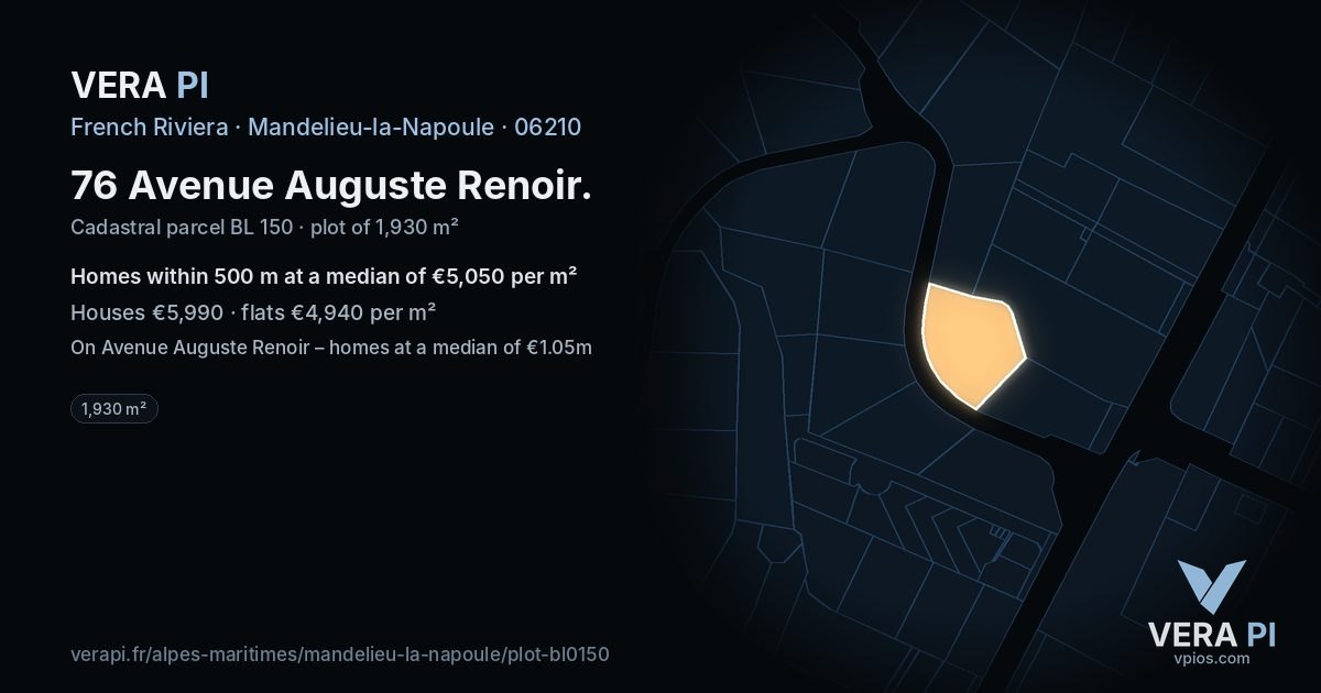 76 Avenue Auguste Renoir, Mandelieu-la-Napoule at night – the plot lit, the parcels around coloured by the prices near them