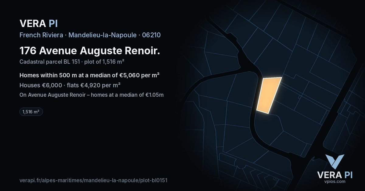 176 Avenue Auguste Renoir, Mandelieu-la-Napoule at night – the plot lit, the parcels around coloured by the prices near them