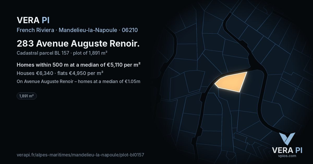 283 Avenue Auguste Renoir, Mandelieu-la-Napoule at night – the plot lit, the parcels around coloured by the prices near them
