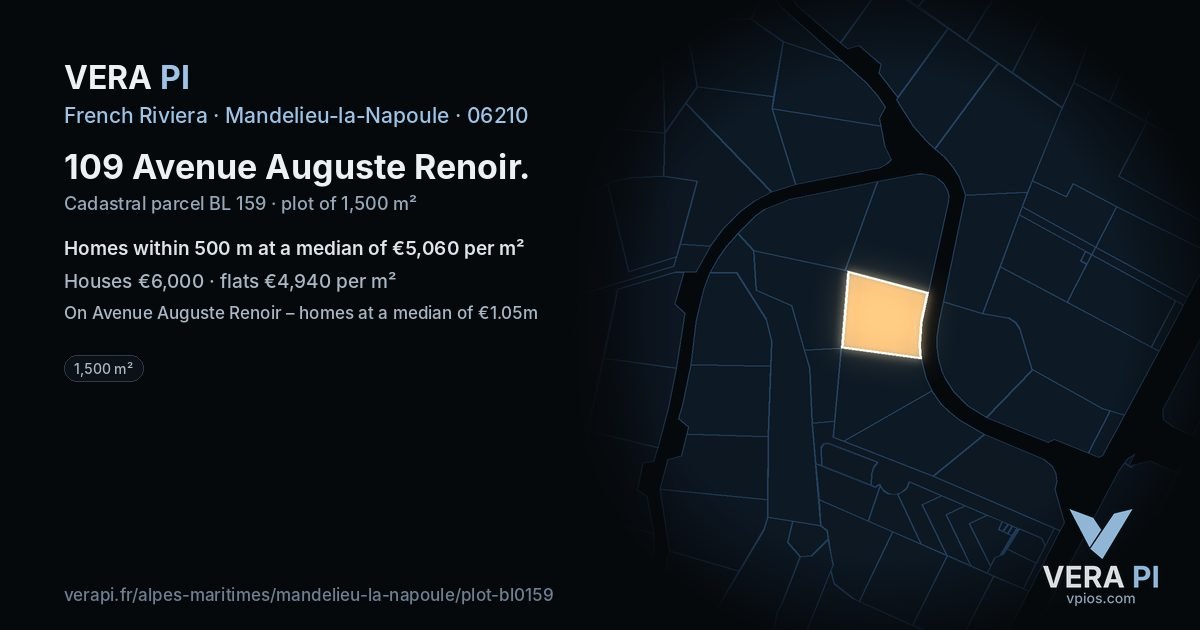 109 Avenue Auguste Renoir, Mandelieu-la-Napoule at night – the plot lit, the parcels around coloured by the prices near them