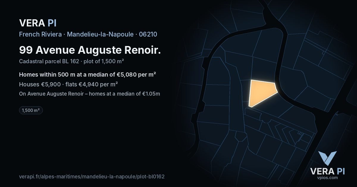 99 Avenue Auguste Renoir, Mandelieu-la-Napoule at night – the plot lit, the parcels around coloured by the prices near them