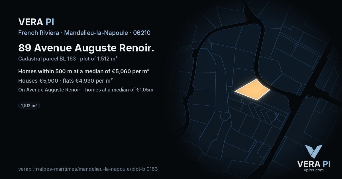 89 Avenue Auguste Renoir, Mandelieu-la-Napoule at night – the plot lit, the parcels around coloured by the prices near them