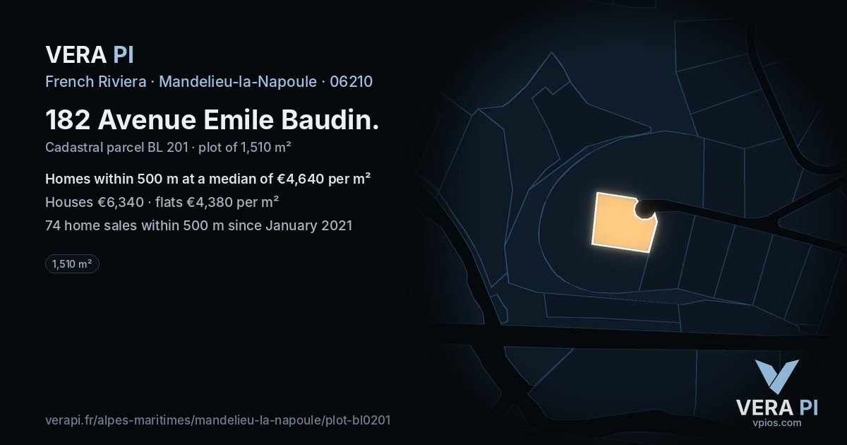 182 Avenue Emile Baudin, Mandelieu-la-Napoule at night – the plot lit, the parcels around coloured by the prices near them