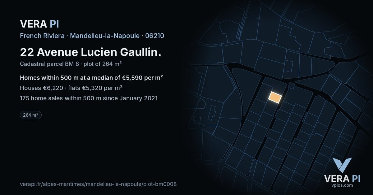 22 Avenue Lucien Gaullin, Mandelieu-la-Napoule at night – the plot lit, the parcels around coloured by the prices near them