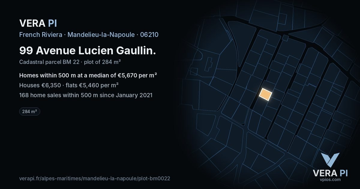 99 Avenue Lucien Gaullin, Mandelieu-la-Napoule at night – the plot lit, the parcels around coloured by the prices near them