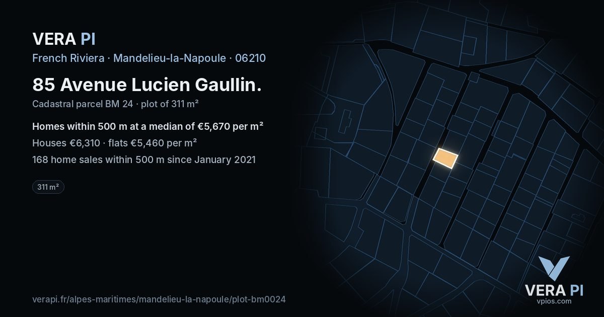 85 Avenue Lucien Gaullin, Mandelieu-la-Napoule at night – the plot lit, the parcels around coloured by the prices near them