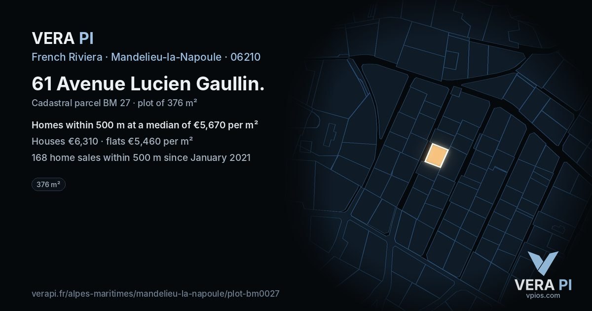 61 Avenue Lucien Gaullin, Mandelieu-la-Napoule at night – the plot lit, the parcels around coloured by the prices near them