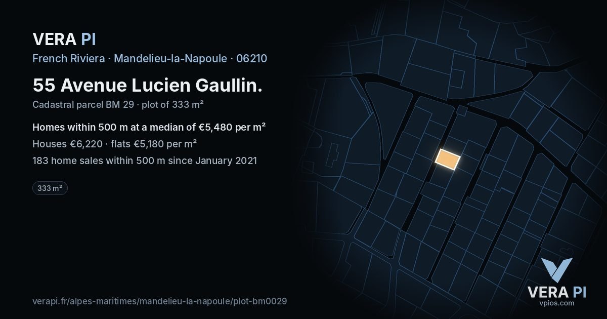 55 Avenue Lucien Gaullin, Mandelieu-la-Napoule at night – the plot lit, the parcels around coloured by the prices near them