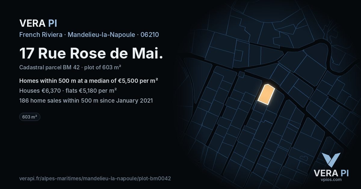 17 Rue Rose de Mai, Mandelieu-la-Napoule at night – the plot lit, the parcels around coloured by the prices near them