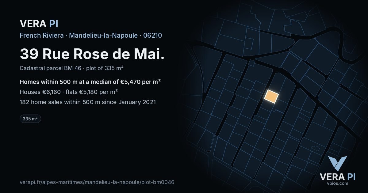 39 Rue Rose de Mai, Mandelieu-la-Napoule at night – the plot lit, the parcels around coloured by the prices near them