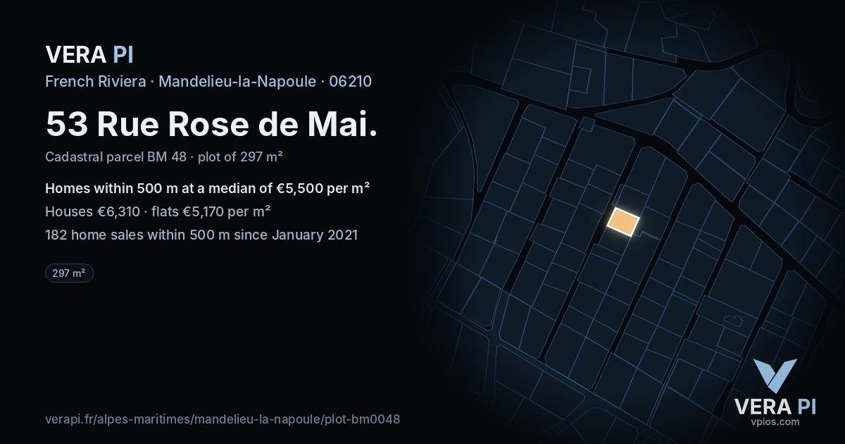 53 Rue Rose de Mai, Mandelieu-la-Napoule at night – the plot lit, the parcels around coloured by the prices near them