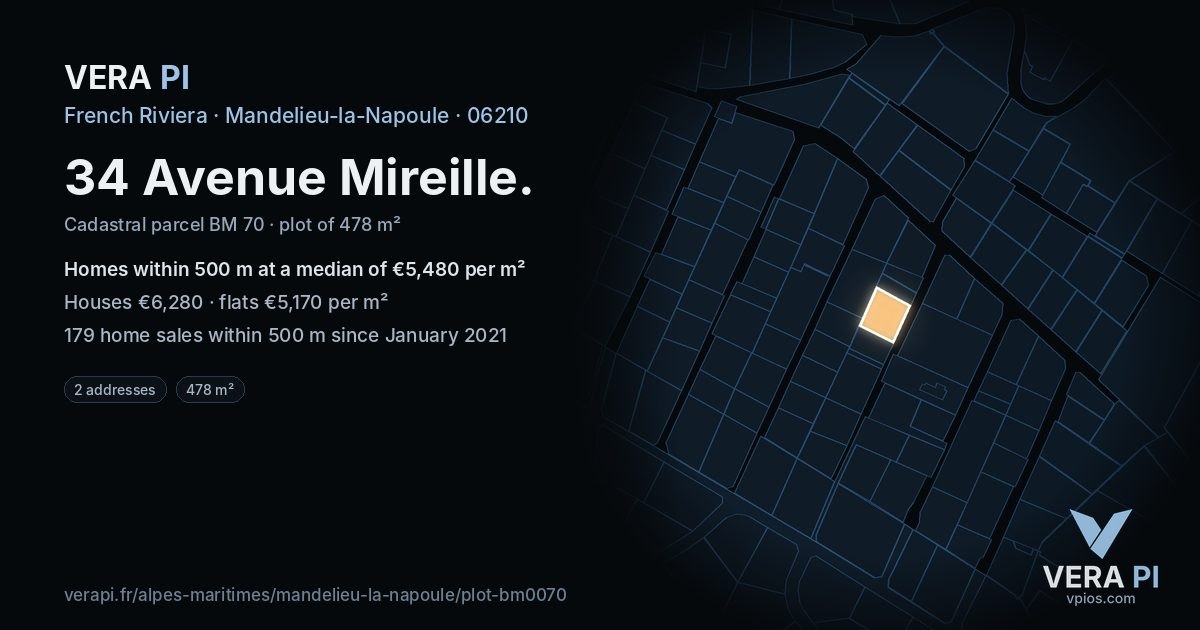 34 Avenue Mireille, Mandelieu-la-Napoule at night – the plot lit, the parcels around coloured by the prices near them