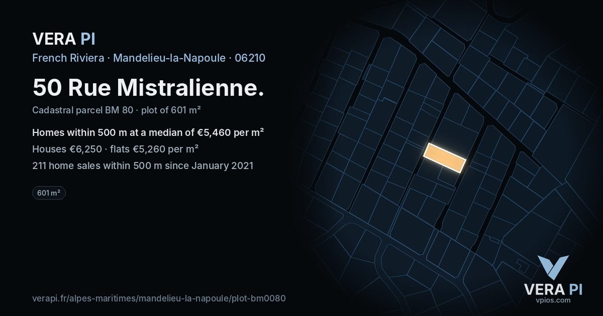 50 Rue Mistralienne, Mandelieu-la-Napoule at night – the plot lit, the parcels around coloured by the prices near them