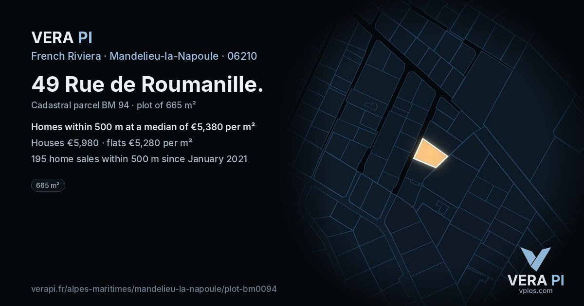 49 Rue de Roumanille, Mandelieu-la-Napoule at night – the plot lit, the parcels around coloured by the prices near them