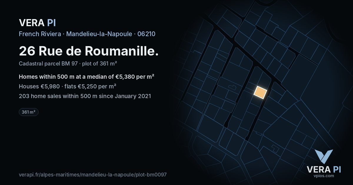 26 Rue de Roumanille, Mandelieu-la-Napoule at night – the plot lit, the parcels around coloured by the prices near them