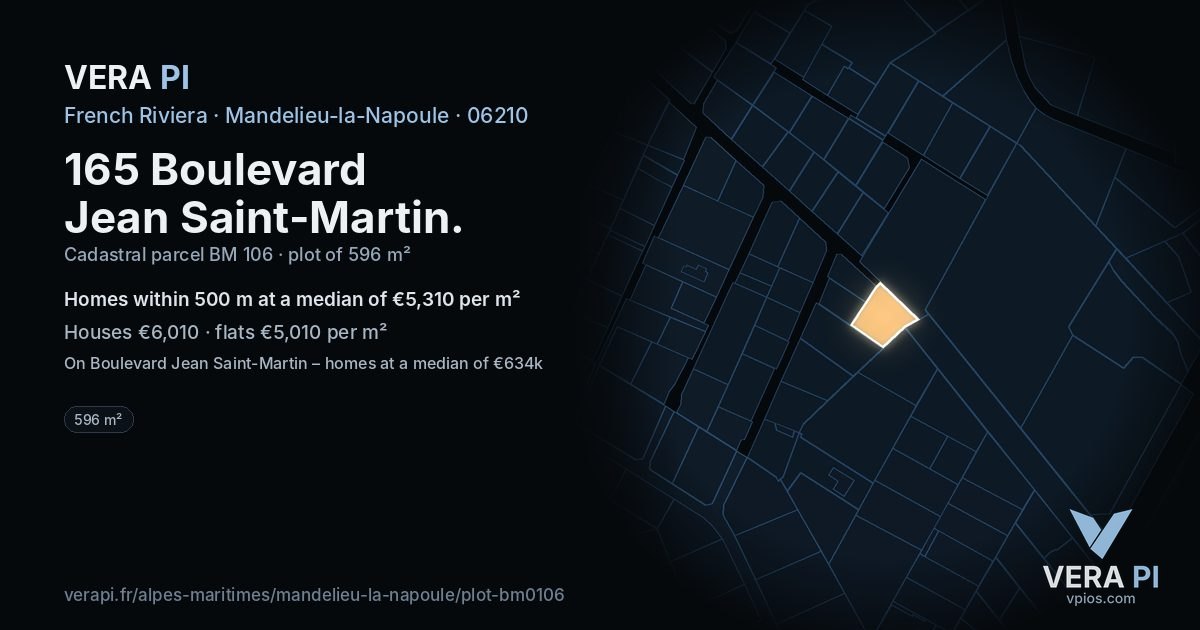 165 Boulevard Jean Saint-Martin, Mandelieu-la-Napoule at night – the plot lit, the parcels around coloured by the prices near them