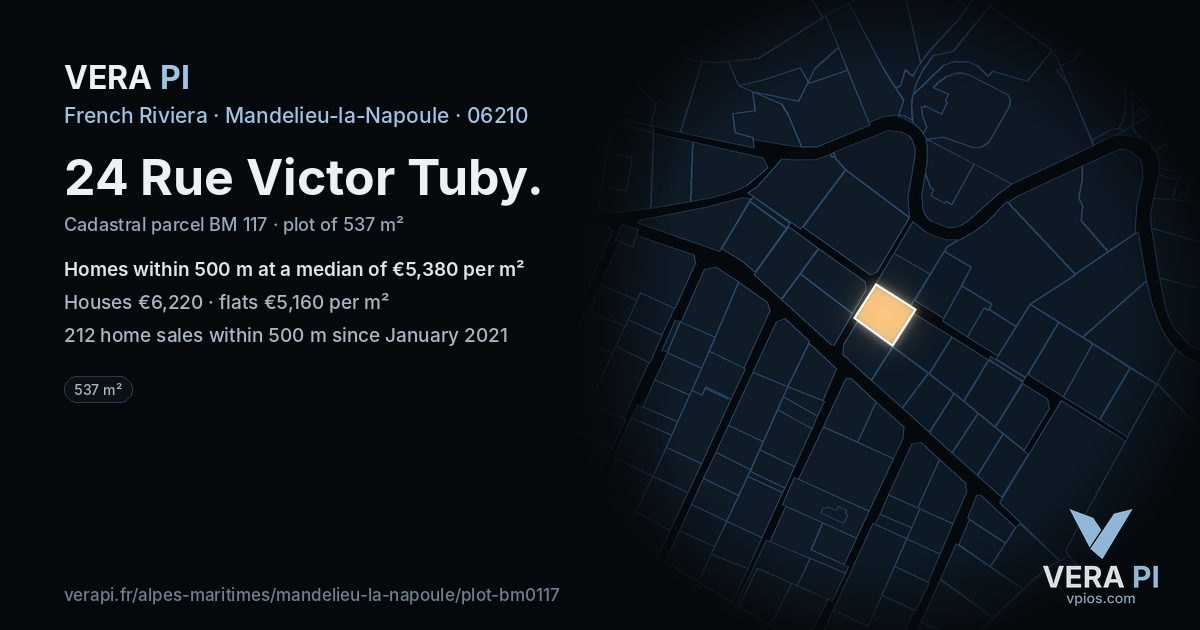 24 Rue Victor Tuby, Mandelieu-la-Napoule at night – the plot lit, the parcels around coloured by the prices near them