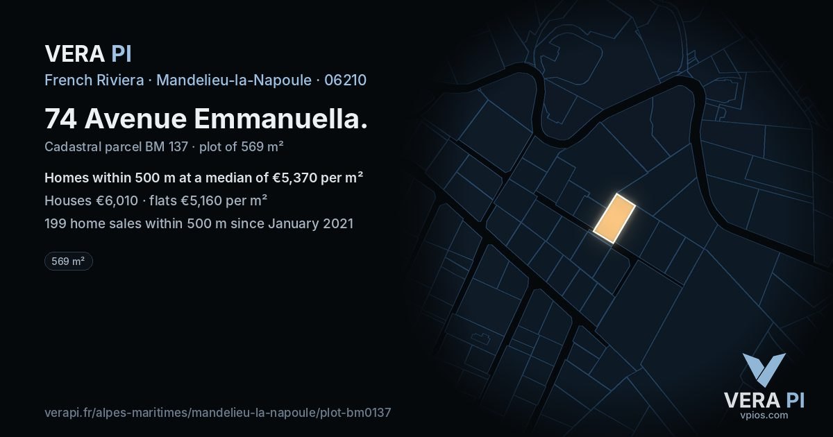 74 Avenue Emmanuella, Mandelieu-la-Napoule at night – the plot lit, the parcels around coloured by the prices near them