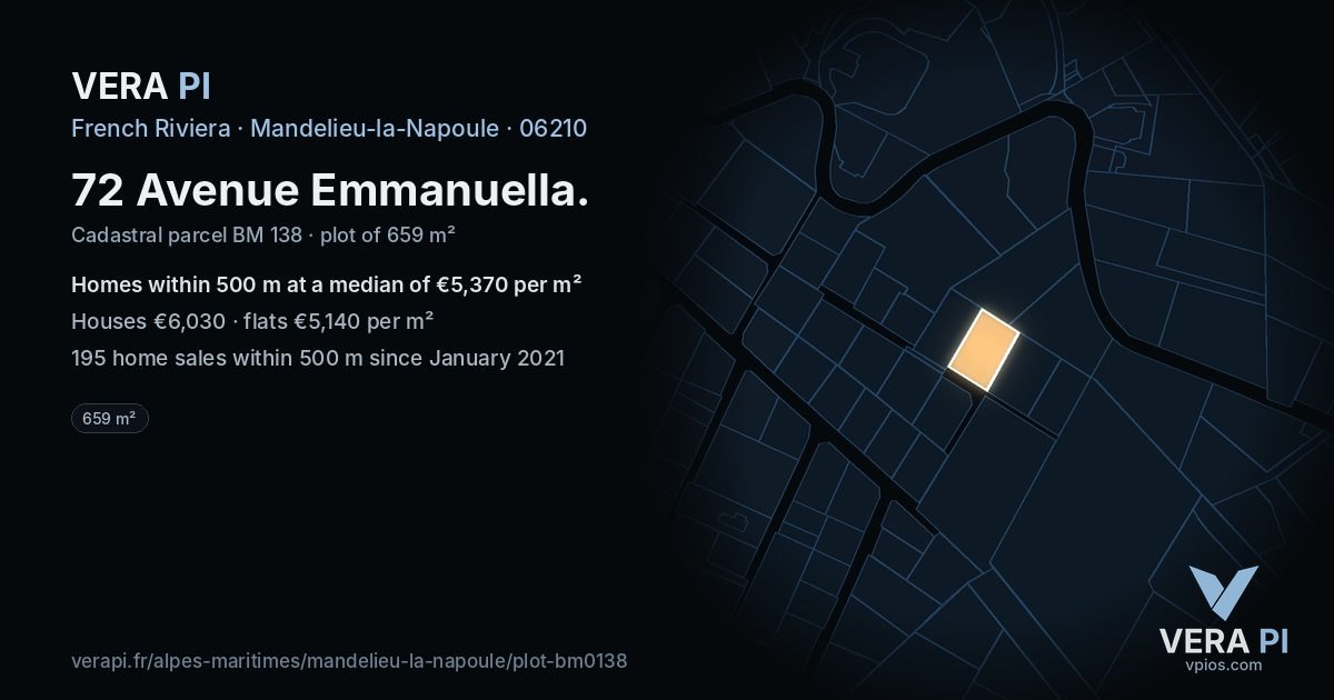 72 Avenue Emmanuella, Mandelieu-la-Napoule at night – the plot lit, the parcels around coloured by the prices near them