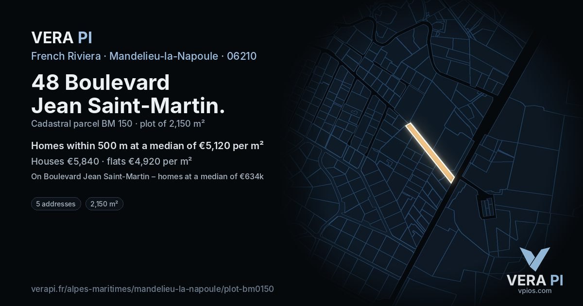 48 Boulevard Jean Saint-Martin, Mandelieu-la-Napoule at night – the plot lit, the parcels around coloured by the prices near them