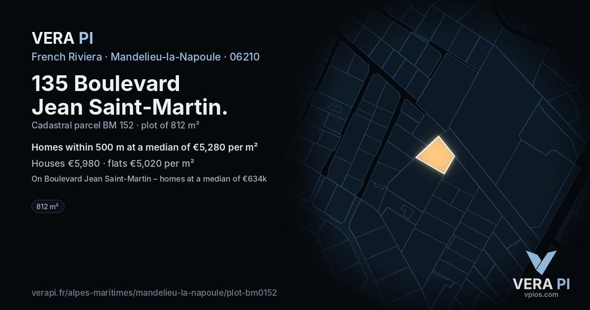 135 Boulevard Jean Saint-Martin, Mandelieu-la-Napoule at night – the plot lit, the parcels around coloured by the prices near them