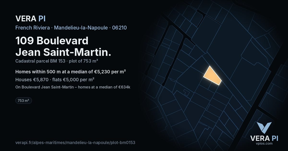 109 Boulevard Jean Saint-Martin, Mandelieu-la-Napoule at night – the plot lit, the parcels around coloured by the prices near them