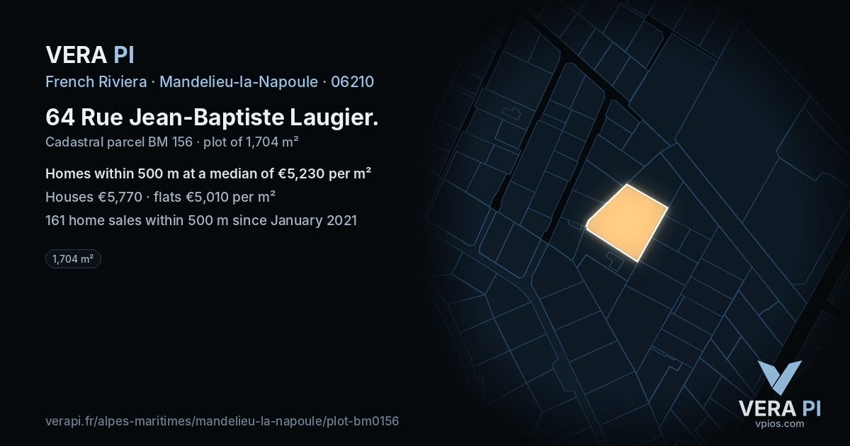 64 Rue Jean-Baptiste Laugier, Mandelieu-la-Napoule at night – the plot lit, the parcels around coloured by the prices near them