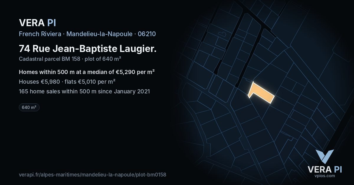 74 Rue Jean-Baptiste Laugier, Mandelieu-la-Napoule at night – the plot lit, the parcels around coloured by the prices near them