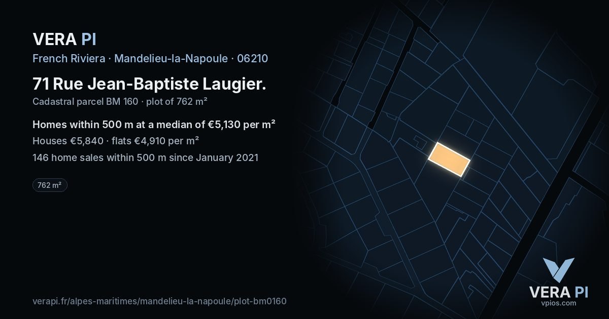 71 Rue Jean-Baptiste Laugier, Mandelieu-la-Napoule at night – the plot lit, the parcels around coloured by the prices near them