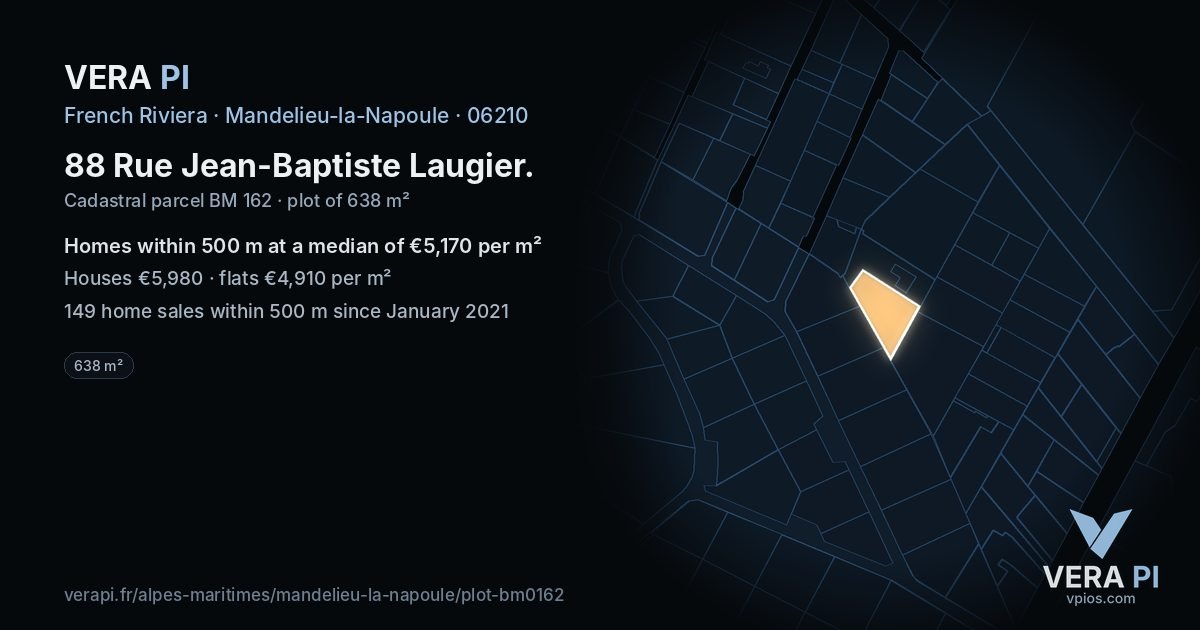 88 Rue Jean-Baptiste Laugier, Mandelieu-la-Napoule at night – the plot lit, the parcels around coloured by the prices near them
