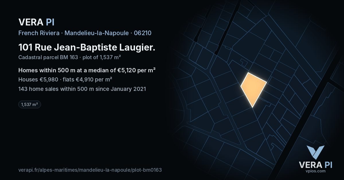 101 Rue Jean-Baptiste Laugier, Mandelieu-la-Napoule at night – the plot lit, the parcels around coloured by the prices near them