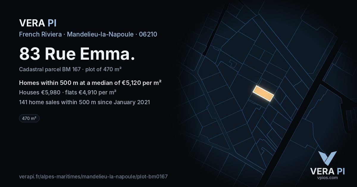 83 Rue Emma, Mandelieu-la-Napoule at night – the plot lit, the parcels around coloured by the prices near them