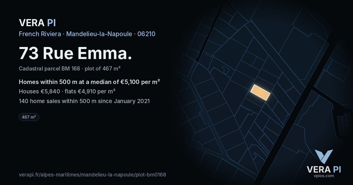 73 Rue Emma, Mandelieu-la-Napoule at night – the plot lit, the parcels around coloured by the prices near them