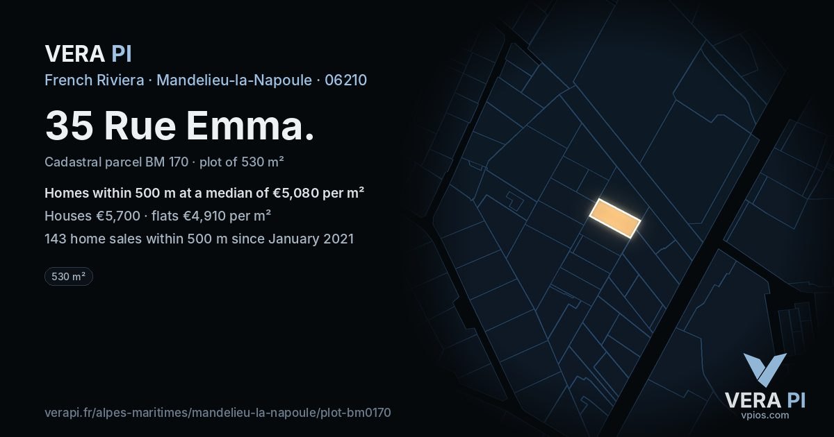 35 Rue Emma, Mandelieu-la-Napoule at night – the plot lit, the parcels around coloured by the prices near them