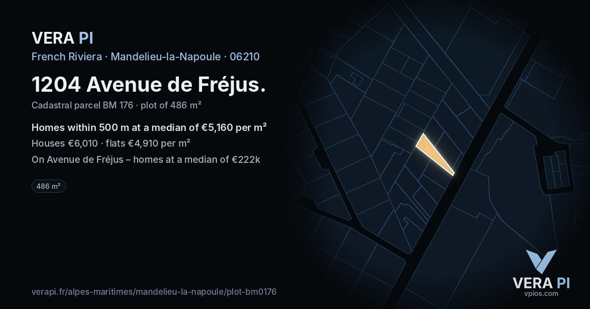 1204 Avenue de Fréjus, Mandelieu-la-Napoule at night – the plot lit, the parcels around coloured by the prices near them