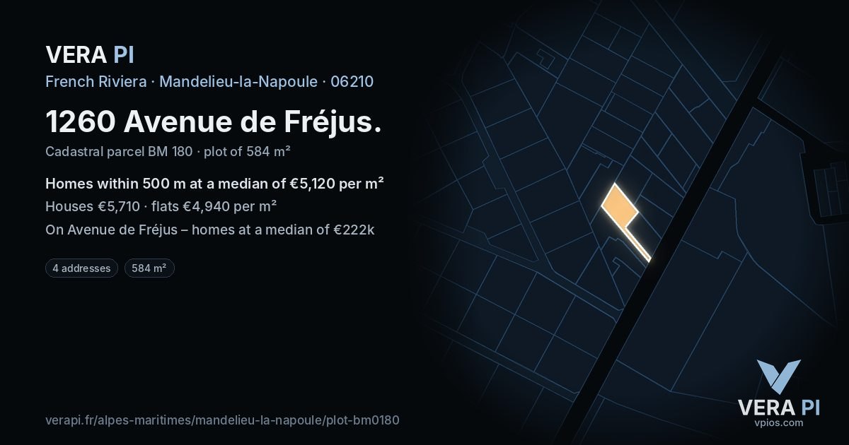 1260 Avenue de Fréjus, Mandelieu-la-Napoule at night – the plot lit, the parcels around coloured by the prices near them
