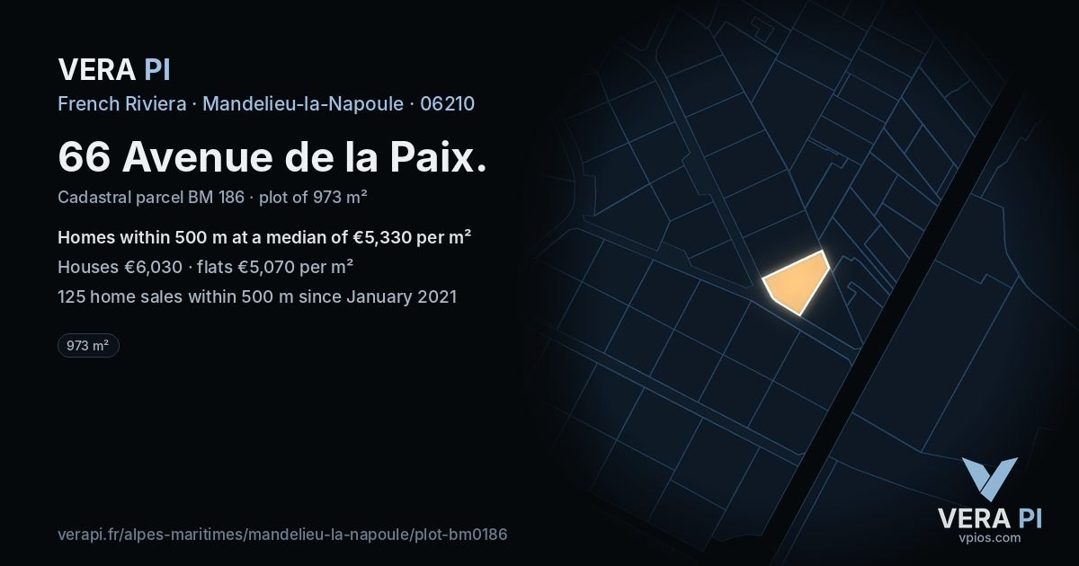 66 Avenue de la Paix, Mandelieu-la-Napoule at night – the plot lit, the parcels around coloured by the prices near them