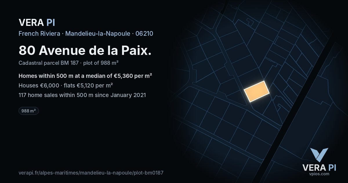 80 Avenue de la Paix, Mandelieu-la-Napoule at night – the plot lit, the parcels around coloured by the prices near them