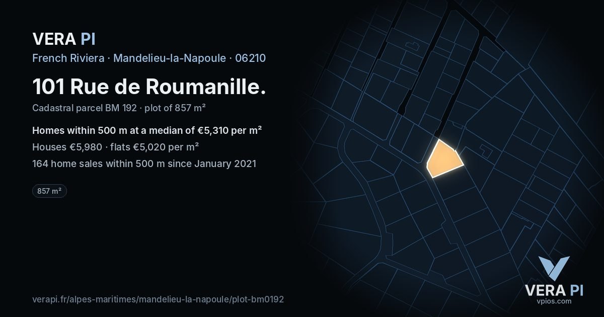 101 Rue de Roumanille, Mandelieu-la-Napoule at night – the plot lit, the parcels around coloured by the prices near them
