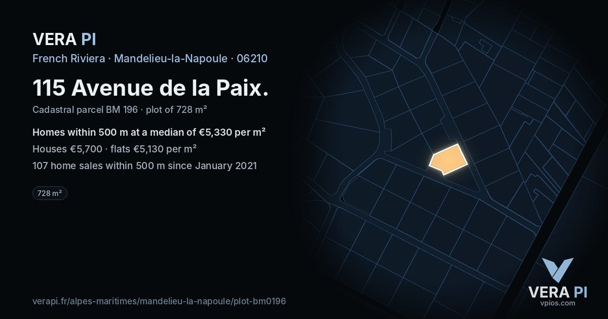 115 Avenue de la Paix, Mandelieu-la-Napoule at night – the plot lit, the parcels around coloured by the prices near them