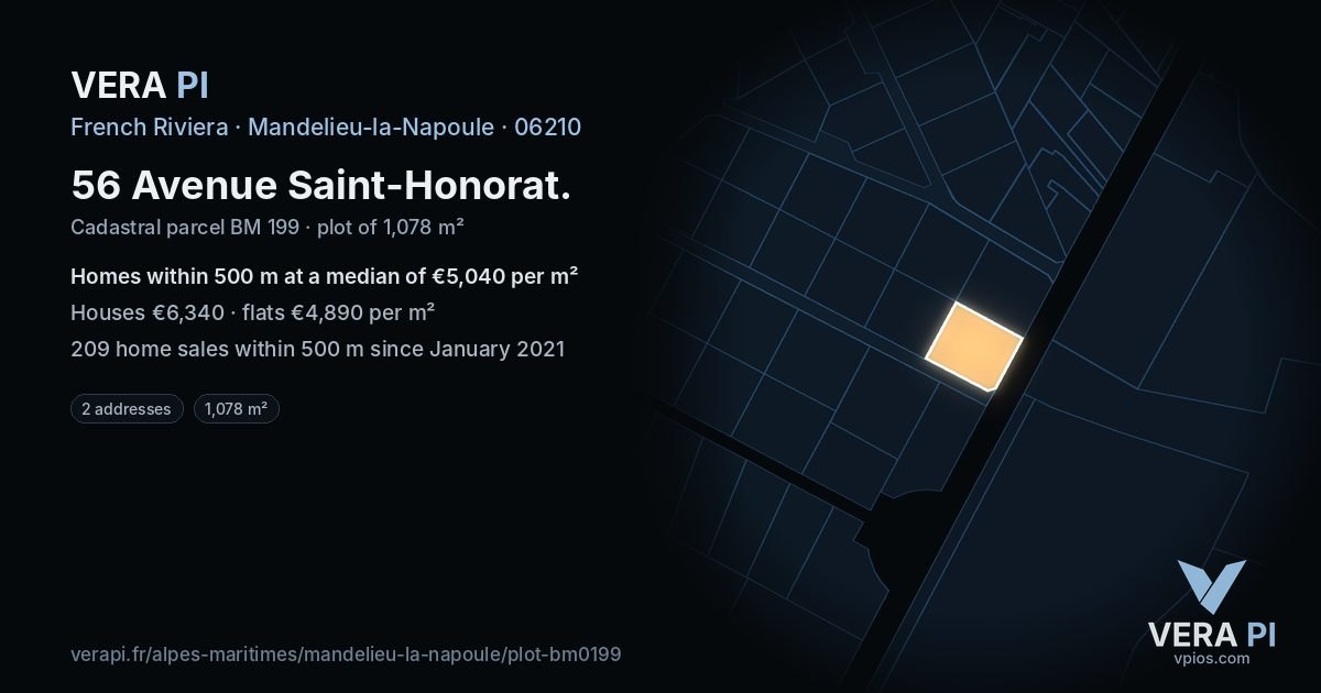 56 Avenue Saint-Honorat, Mandelieu-la-Napoule at night – the plot lit, the parcels around coloured by the prices near them